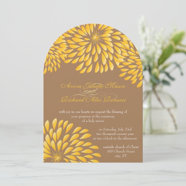 Modern Floral Chrysanthemum Grey and Yellow Invitation (Standing Front)