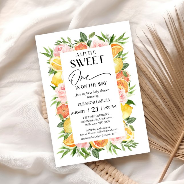 Modern Floral Citrus Frame Sweet One Baby Shower Invitation (Floral Citrus Little Sweet One Baby Shower Invitation, Lemon Orange Baby Shower Invitation, Pink)