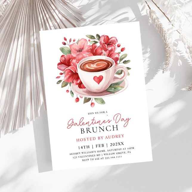 Modern Floral Coffee Valentines Galentines Brunch Invitation (Creator Uploaded)