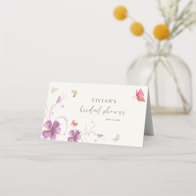 Modern Floral Colourful Butterflies Bridal Shower Place Card (Back)