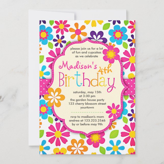Modern Floral Colourful Spring Cute Birthday Party Invitation (Front)