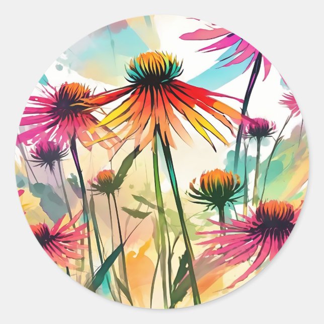 Modern Floral Coneflower Pattern Classic Round Sticker (Front)