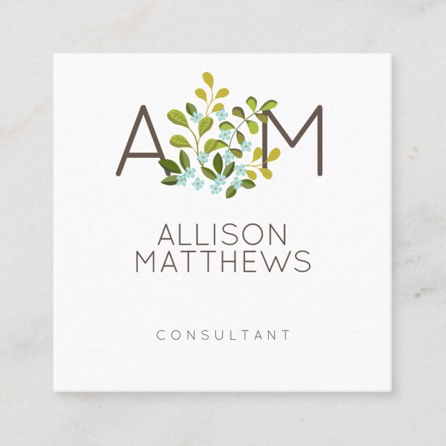Modern Floral Contemporary Green Square Business Card (Front)