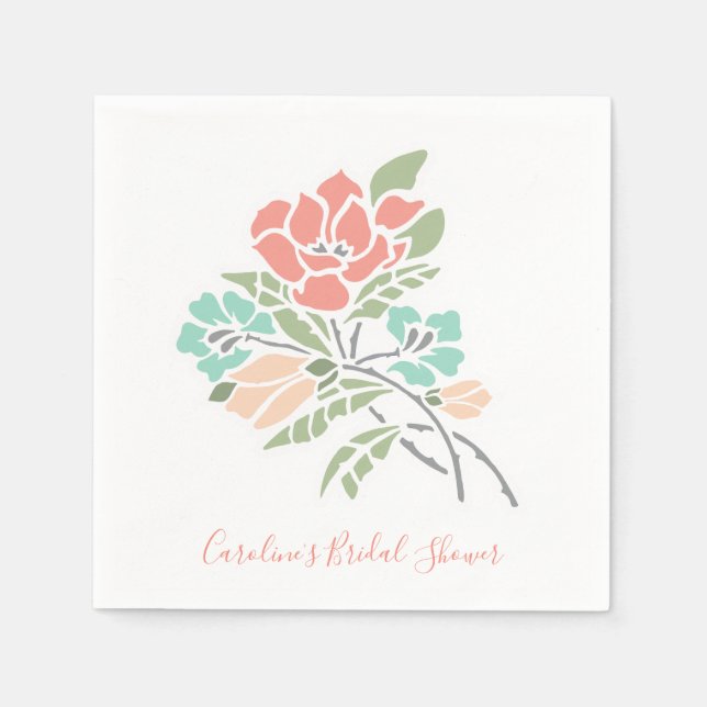 Modern Floral Coral and Teal Bridal Shower Napkin (Front)