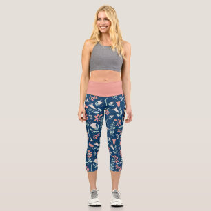 Modern Floral Coral, Navy, Mint Green Patterned Capri Leggings