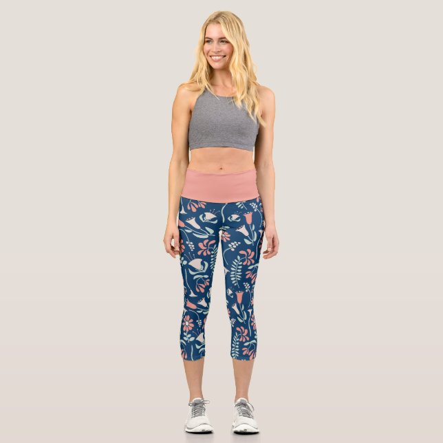 Modern Floral Coral, Navy, Mint Green Patterned Capri Leggings (Front)