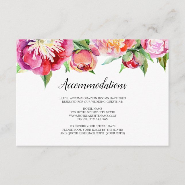 Modern Floral Coral Peony Wedding Accommodations Enclosure Card (Front)