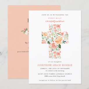 Modern Floral Cross Blush Peach First Communion Invitation