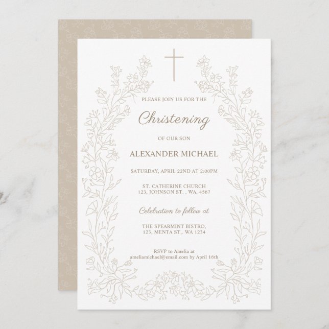 Modern Floral Cross Christening Baptism Invitation (Front/Back)