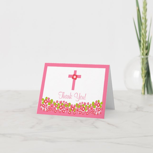 Modern Floral Cross Communion Thank You Note (Front)