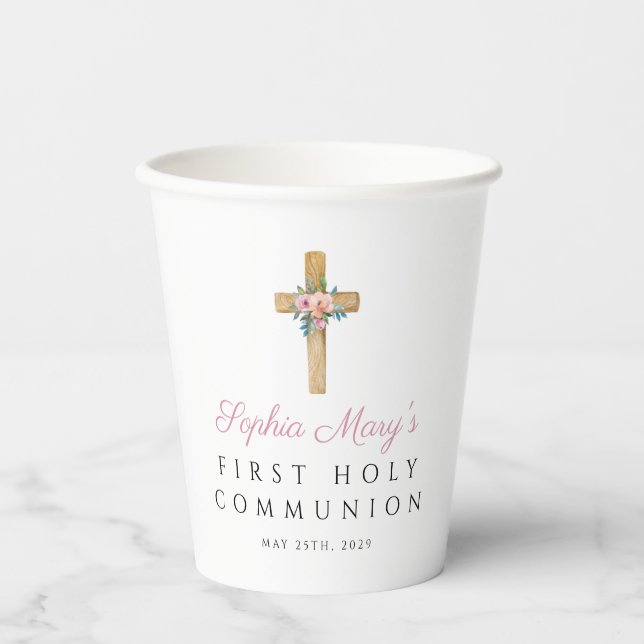 Modern Floral Cross First Communion  Paper Cups (Front)