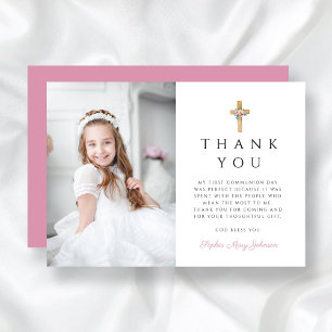 Modern Floral Cross First Communion Photo Thank You Card