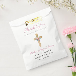 Modern Floral Cross Girl First Communion Favour Bags