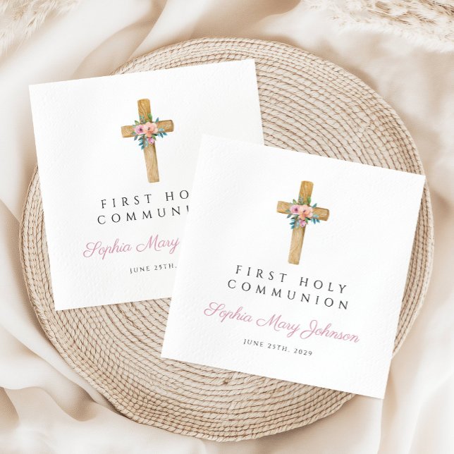 Modern Floral Cross Girl First Communion  Napkin (Modern Floral Cross Girl First Communion Napkins)