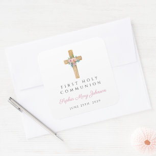 Modern Floral Cross Girl First Communion  Square Sticker