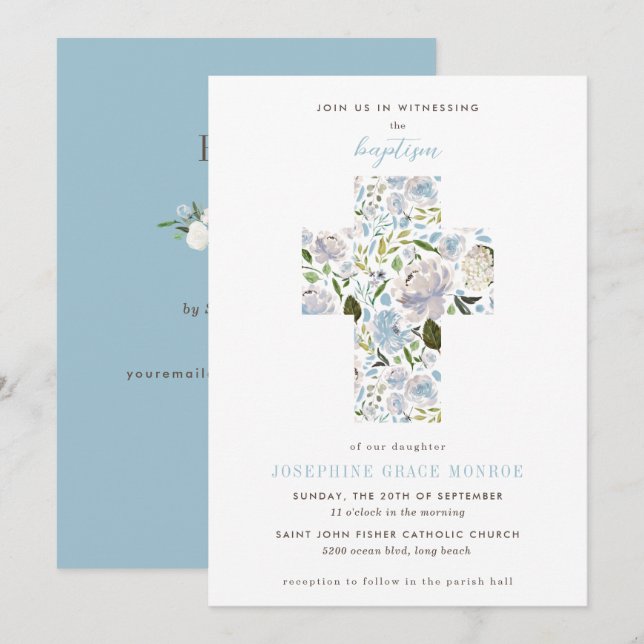 Modern Floral Cross Religious Light Blue Baptism Invitation (Front/Back)