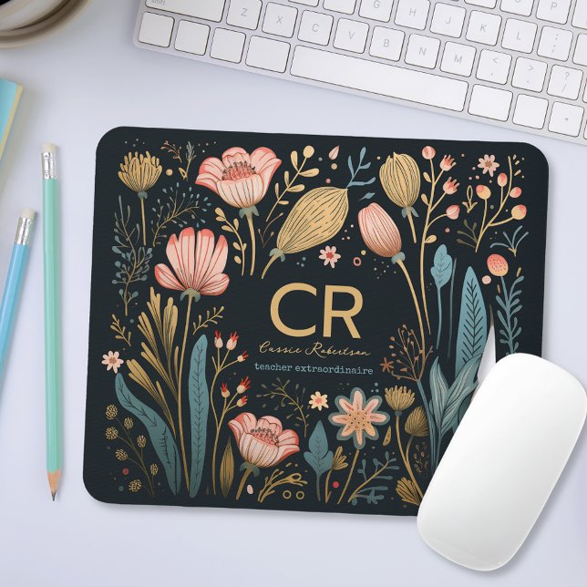 Modern Floral Custom Monogram Name Occupation Gift Mouse Mat (Creator Uploaded)