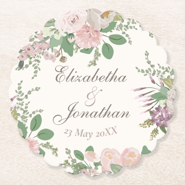 Modern floral custom wedding personalised paper coaster (Front)