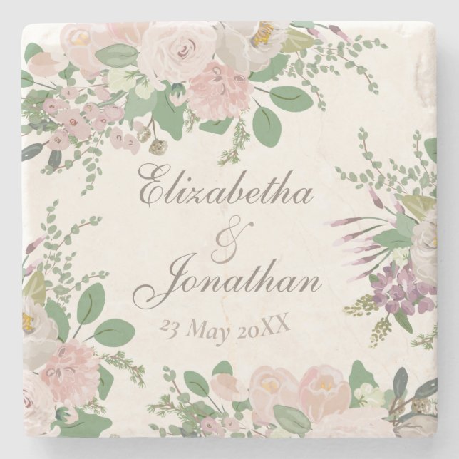 Modern floral custom wedding personalised stone coaster (Front)