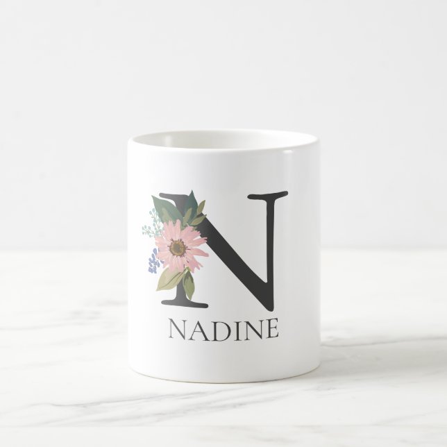 Modern Floral Customisable Monogrammed Letter N Coffee Mug (Center)