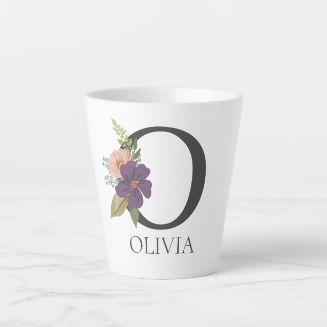 Modern Floral Customisable Monogrammed Letter O Latte Mug (Front)