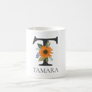 Modern Floral Customisable Monogrammed Letter T Coffee Mug