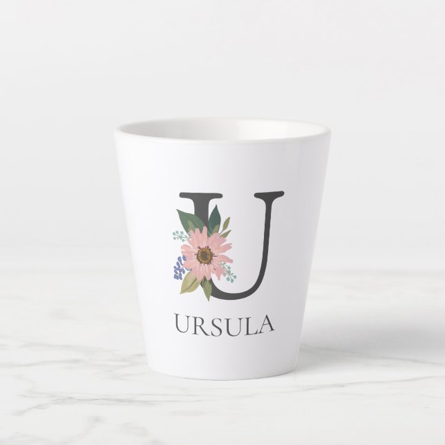 Modern Floral Customisable Monogrammed Letter U Latte Mug (Front)