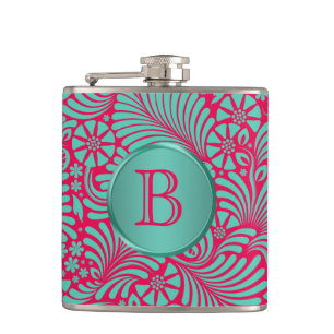 Modern Floral Damask Monogrammed Hip Flask