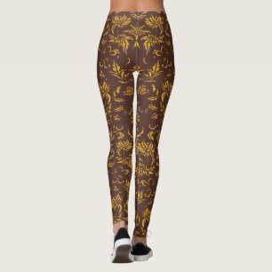 Modern Floral Damask Vintage Gold Brown Pattern Leggings