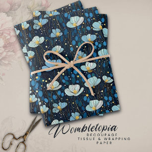 Modern Floral Dark Blue Poppy Pattern Wrapping Paper Sheet