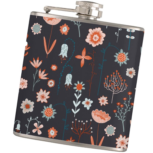 Modern Floral Dark Hip Flask (Dark floral wildflower Scandinavian hip flask)