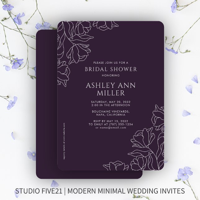 Modern Floral Dark Purple Wedding Bridal Shower Invitation (Creator Uploaded)