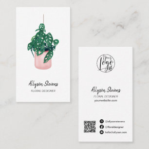 Modern floral designer monstera white logo qr code business card