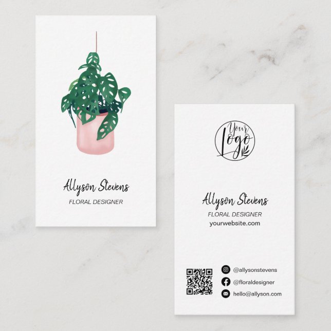 Modern floral designer monstera white logo qr code business card (Front/Back)
