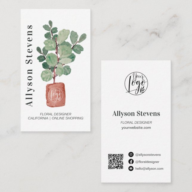 Modern floral designer plant fig logo qr code business card (Front/Back)