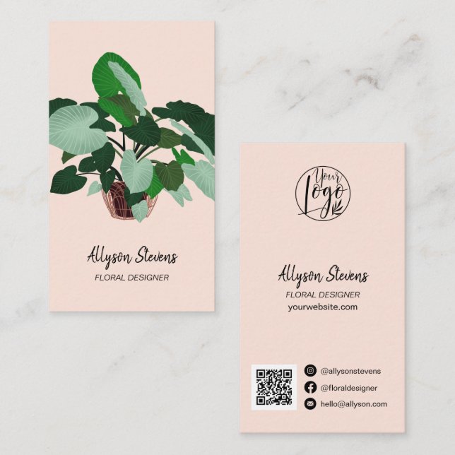 Modern floral designer plant pink logo qr code business card (Front/Back)