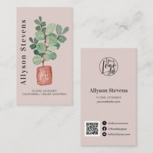 Modern floral designer plant pink logo qr code business card