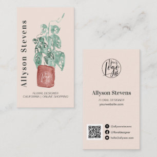 Modern floral designer plant pink logo qr code business card
