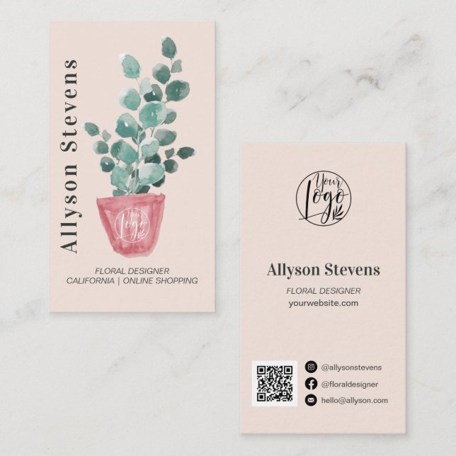 Modern floral designer plant pink logo qr code business card (Front/Back)