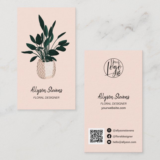 Modern floral designer plant pink logo qr code business card (Front/Back)