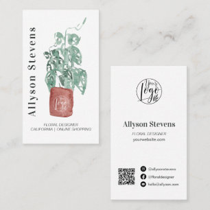 Modern floral designer plant white logo qr code business card