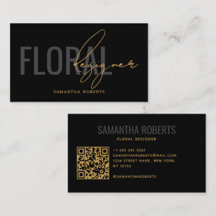 Modern floral designer QR Code black gold Business Card