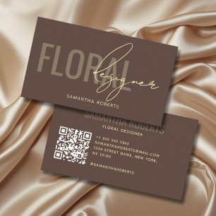 Modern floral designer QR Code brown Business Card