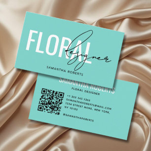 Modern floral designer QR Code teal Business Card