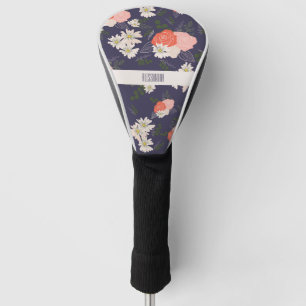 Modern floral doodles in peach pink and navy blue golf head cover