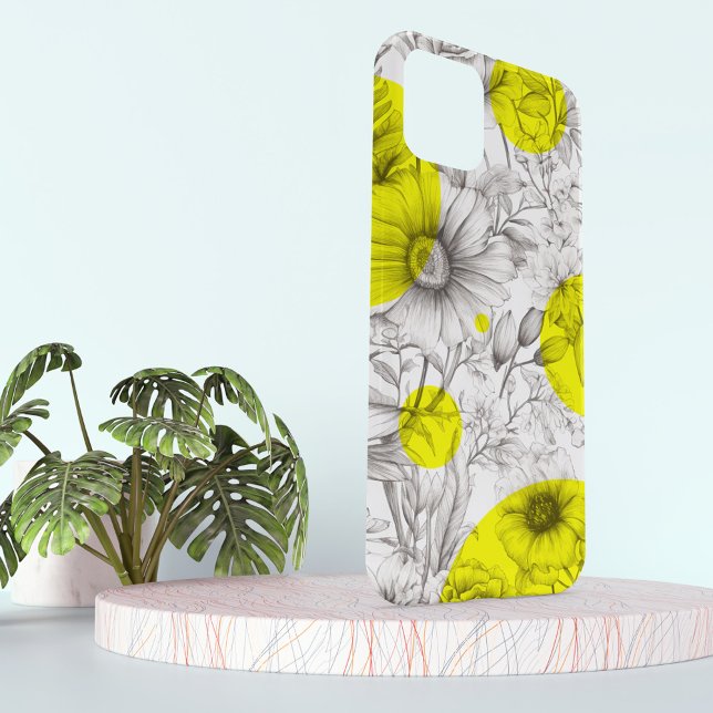 Modern Floral drawing bright yellow Retro circles Case-Mate iPhone Case (Bright yellow retro circles on black and white drawing sketch of peony flowers, on a phone case.)