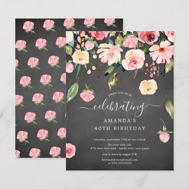 Modern Floral Drop Pink Peonies Birthday Party Inv Invitation (Front/Back)
