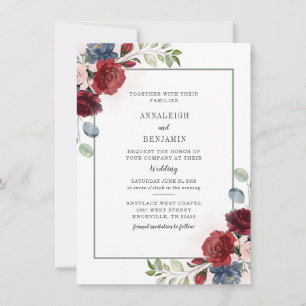 Modern Floral Dusty Blue Burgundy Foliage Wedding Invitation