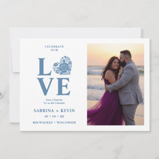 Modern Floral Dusty Blue Heart Photo Wedding TLW26 Save The Date