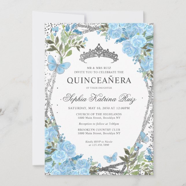 Modern Floral Dusty Blue Silver Tiara Quinceañera Invitation (Front)